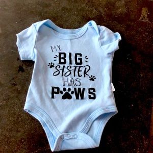Unisex- 3 Month old blue onesie- “My big sister has paws”